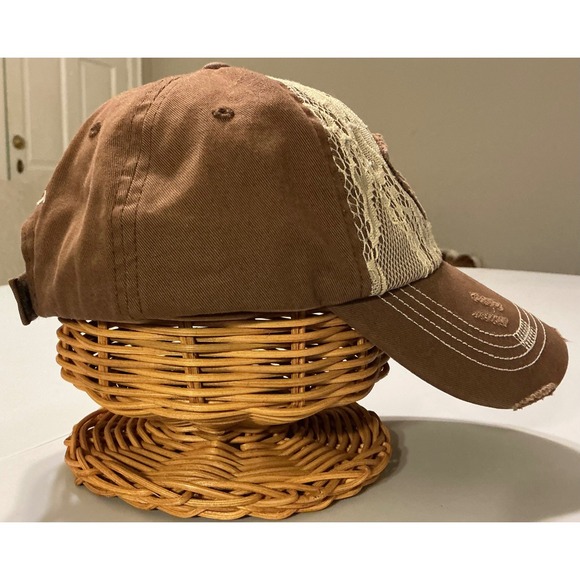 Ariat Brown Lace Overlay Distressed Western Baseball Cap Hat Grunge Western - Picture 4 of 7